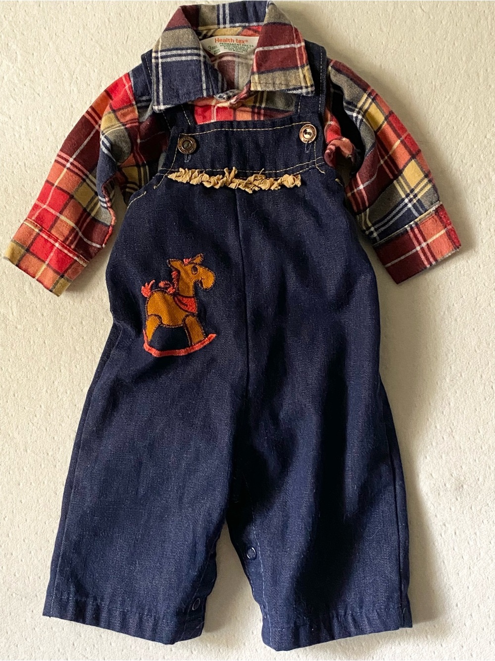 Vintage 70s Health-tex 2-Piece Plaid Shirt & Rocking Horse Overalls Set - 3 Mos